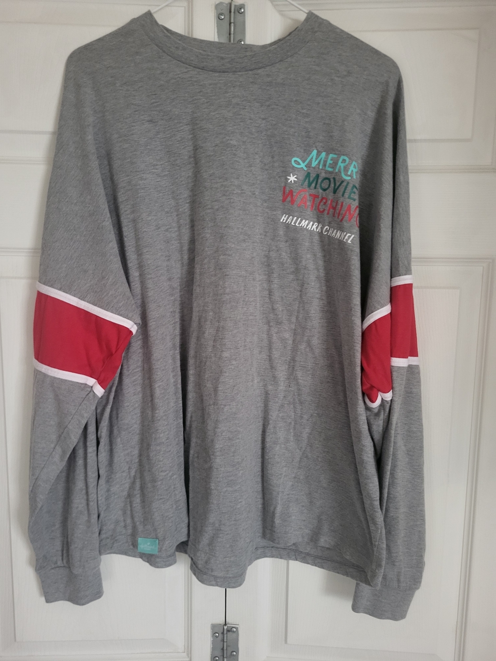Hallmark Grey Long-Sleeve Tee with Red Sleeve Panels and Teal Graphic